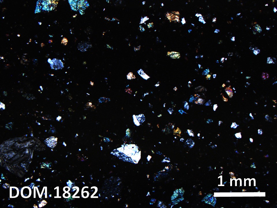 Thin Section Photo of Sample DOM 18262 in Cross-Polarized Light with 2.5X Magnification