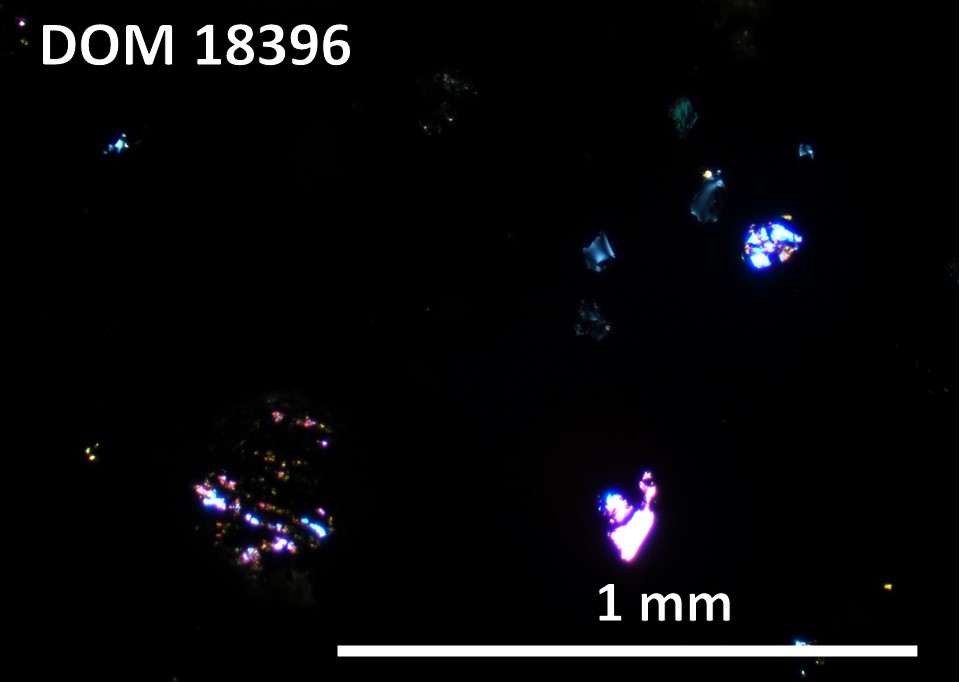 Thin Section Photo of Sample DOM 18396,2 at 5x magnification in Cross Polarized Light