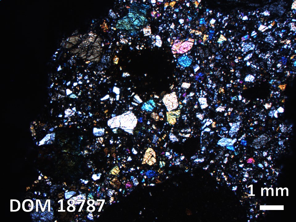 Thin Section Photo of Sample DOM 18787 in Cross-Polarized Light with 1.25X Magnification