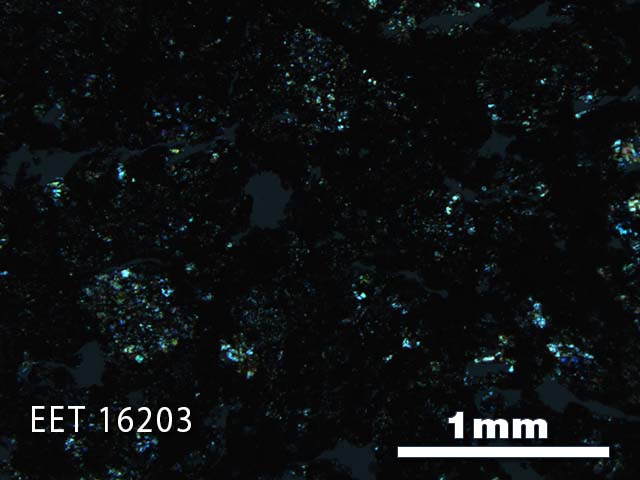 Thin Section Photo of Sample EET 16203 in Cross-Polarized Light with 2.5X Magnification