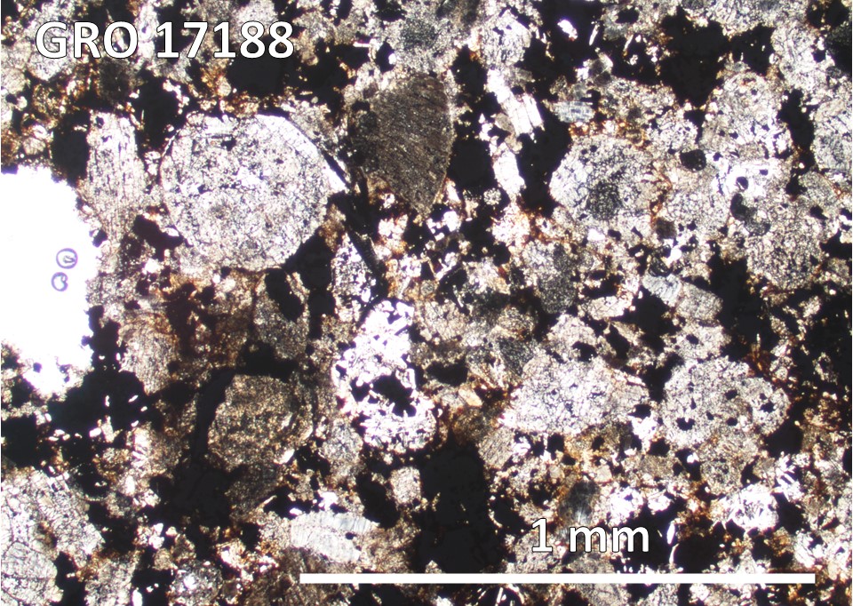 Thin Section Photo of Sample GRO 17188,2 at 5x magnification in Plane Polarized Light