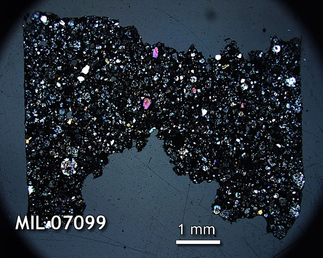 Thin Section Photo of Sample MIL 07099 in Cross-Polarized Light with 1.25x Magnification
