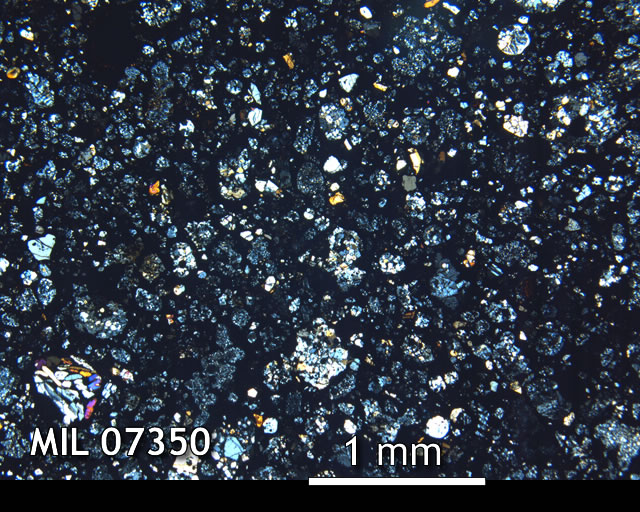 Thin Section Photo of Sample MIL 07350 in Cross-Polarized Light with 2.5x Magnification