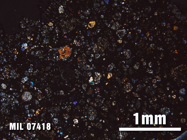 Thin Section Photo of Sample MIL 07418 at 2.5X Magnification in Cross-Polarized Light