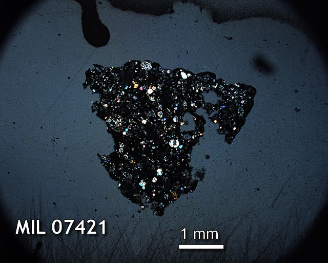 Thin Section Photo of Sample MIL 07421 in Cross-Polarized Light with 1.25x Magnification