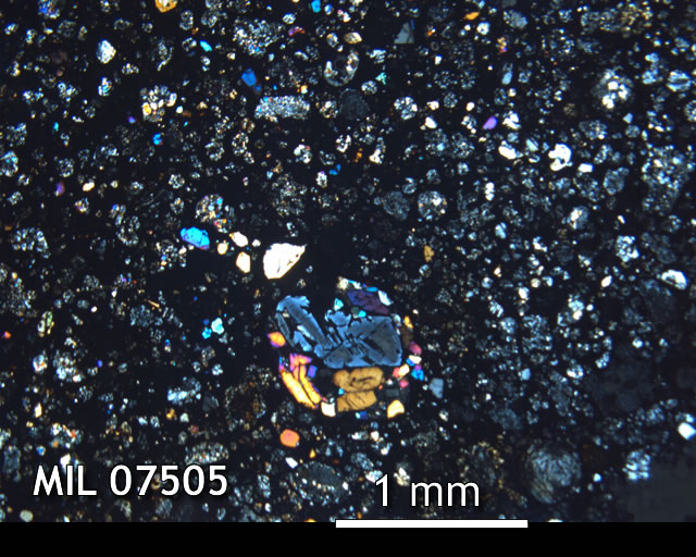 Thin Section Photo of Sample MIL 07505 in Cross-Polarized Light with 2.5x Magnification