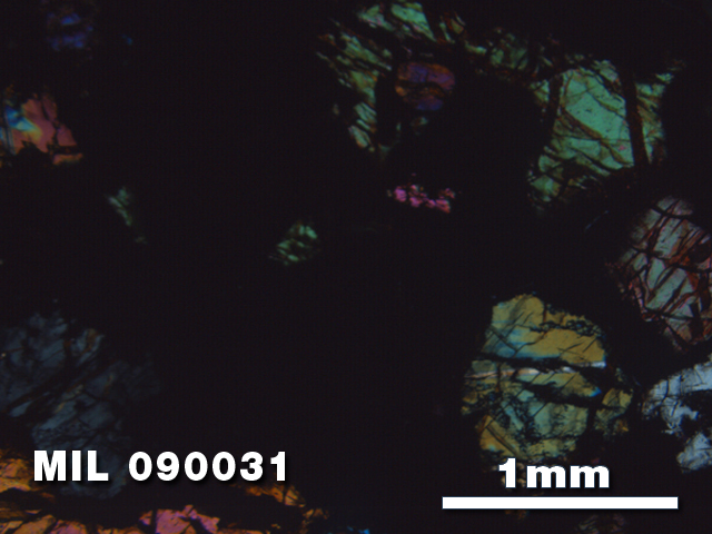 Thin Section Photo of Sample MIL 090031 in Cross-Polarized Light with 2.5X Magnification