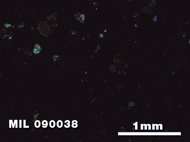 Thin Section Photo of Sample MIL 090038 in Cross-Polarized Light with 2.5X Magnification