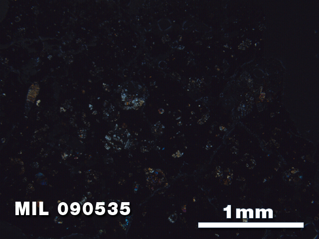 Thin Section Photo of Sample MIL 090535 in Cross-Polarized Light with 2.5X Magnification
