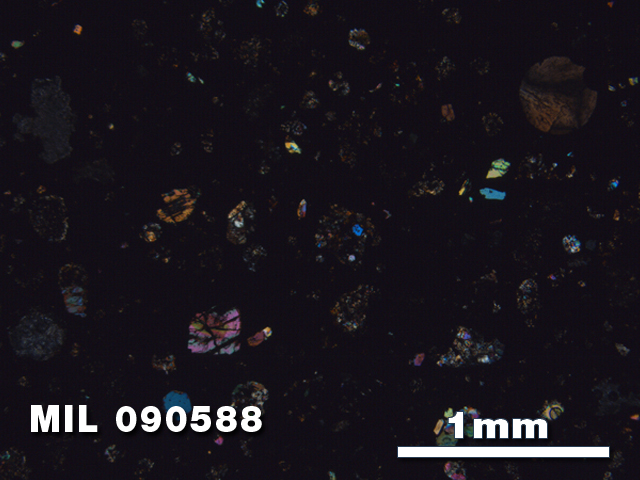 Thin Section Photo of Sample MIL 090588 in Cross-Polarized Light with 2.5X Magnification