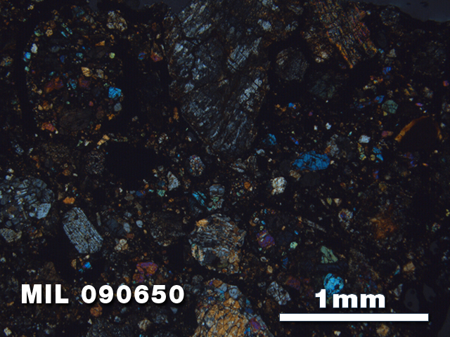 Thin Section Photo of Sample MIL 090650 in Cross-Polarized Light with 2.5X Magnification