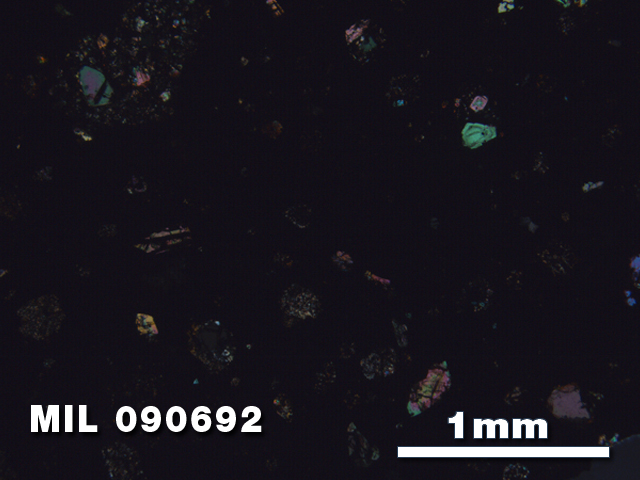 Thin Section Photo of Sample MIL 090692 in Cross-Polarized Light with 2.5X Magnification