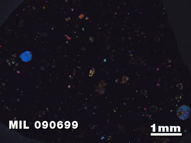 Thin Section Photo of Sample MIL 090699 in Cross-Polarized Light with 1.25X Magnification