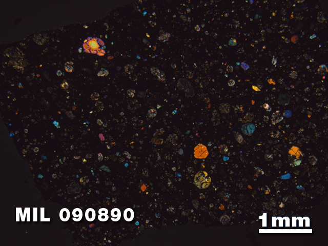 Thin Section Photo of Sample MIL 090890 in Cross-Polarized Light with 1.25X Magnification