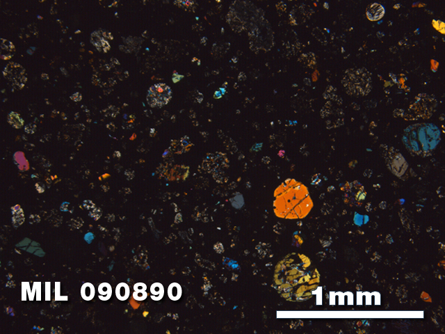 Thin Section Photo of Sample MIL 090890 in Cross-Polarized Light with 2.5X Magnification