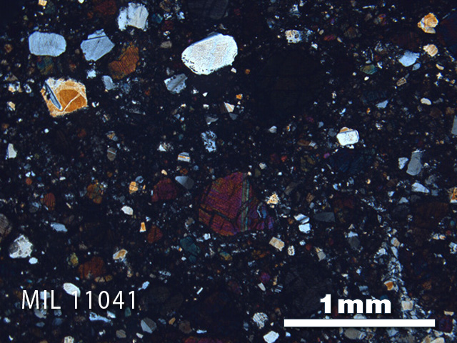 Thin Section Photo of Sample MIL 11041 in Cross-Polarized Light with 2.5X Magnification