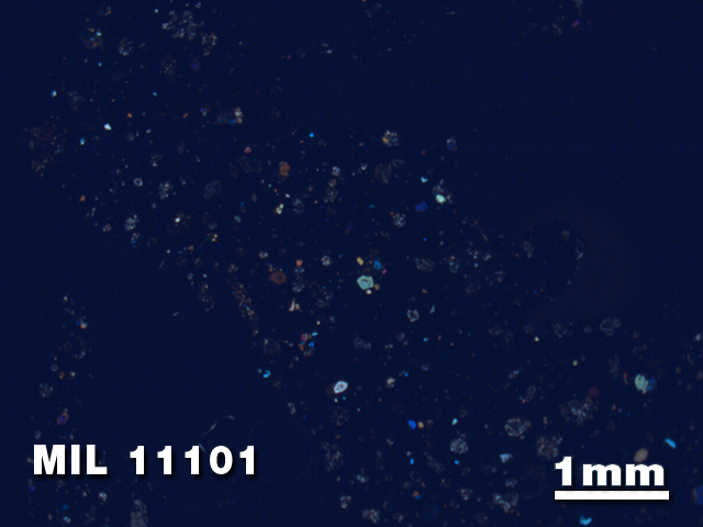 Thin Section Photo of Sample MIL 11101 in Cross-Polarized Light with 1.25X Magnification