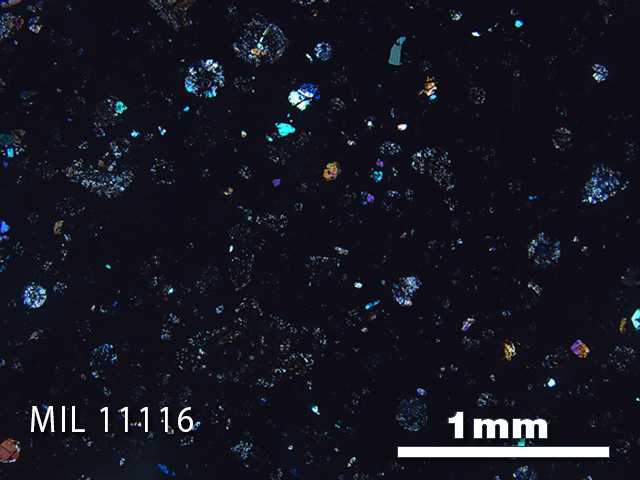 Thin Section Photo of Sample MIL 11116 in Cross-Polarized Light with 2.5x Magnification