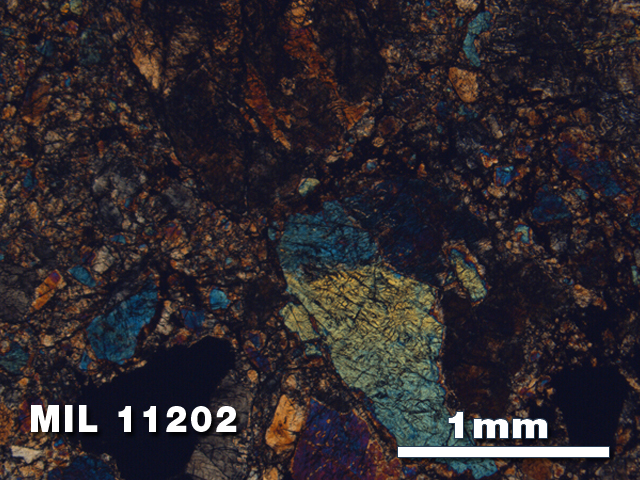 Thin Section Photo of Sample MIL 11202 in Cross-Polarized Light with 2.5X Magnification