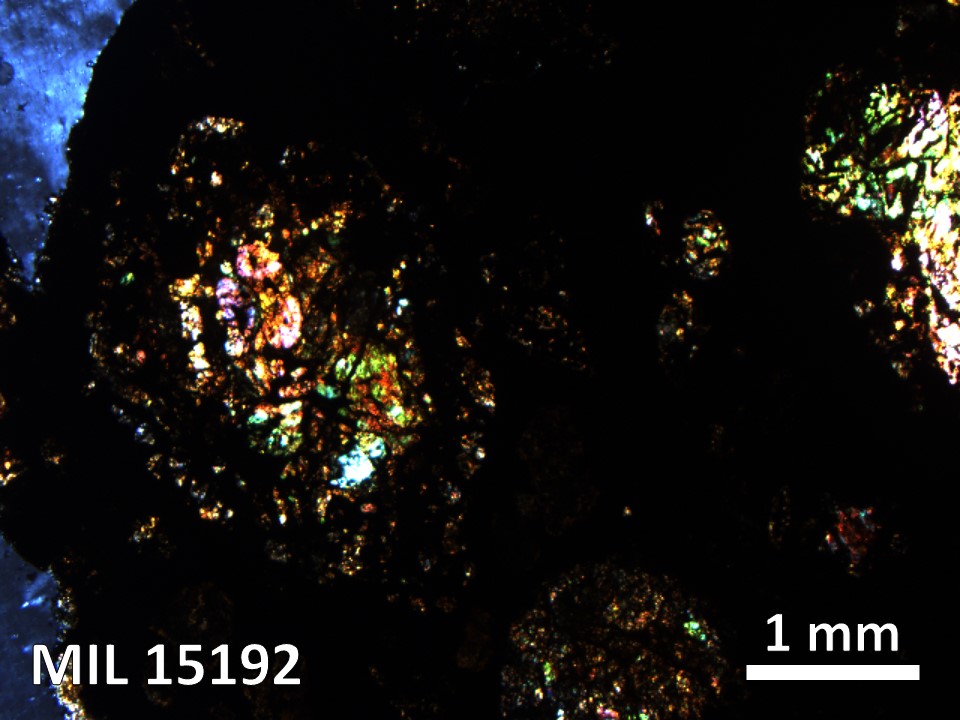 Thin Section Photo of Sample MIL 15192 in Cross-Polarized Light with 2.5X Magnification