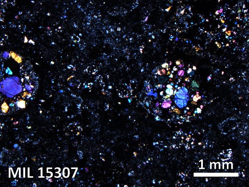 Thin Section Photo of Sample MIL 15307 in Cross-Polarized Light with 2.5X Magnification