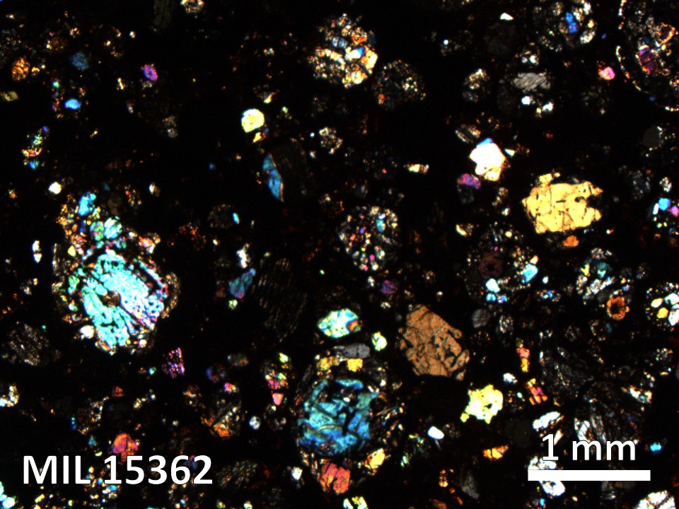Thin Section Photo of Sample MIL 15362 in Cross-Polarized Light with 2.5X Magnification