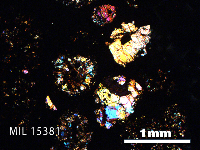 Thin Section Photo of Sample MIL 15381 in Cross-Polarized Light with 2.5X Magnification