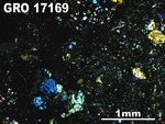 Thin Section Photo of Sample GRO 17169 in Cross-Polarized Light with 2.5X Magnification
