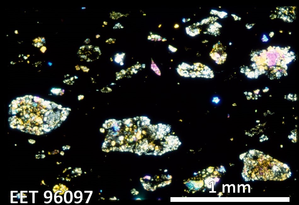 Thin Section Photo of Sample EET 96097 in Cross-Polarized Light with 2.5X Magnification