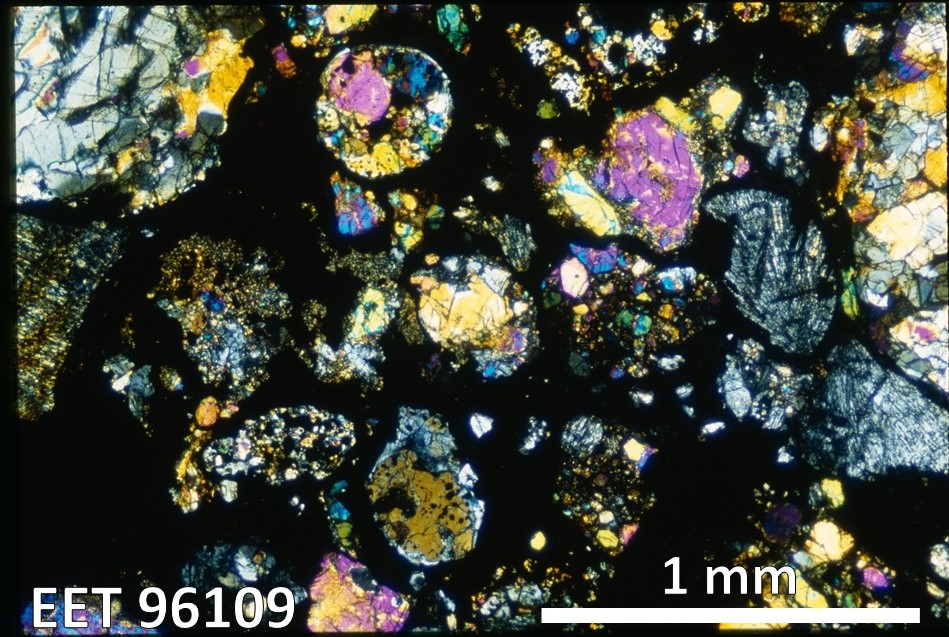 Thin Section Photo of Sample EET 96109 in Cross-Polarized Light with 2.5X Magnification