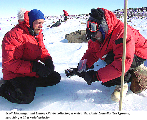 ANSMET 2002-2003 season - Scott Messenger and Danny Glavin collecting meteorite. Dante Lauretta (background) searching with a metal detector