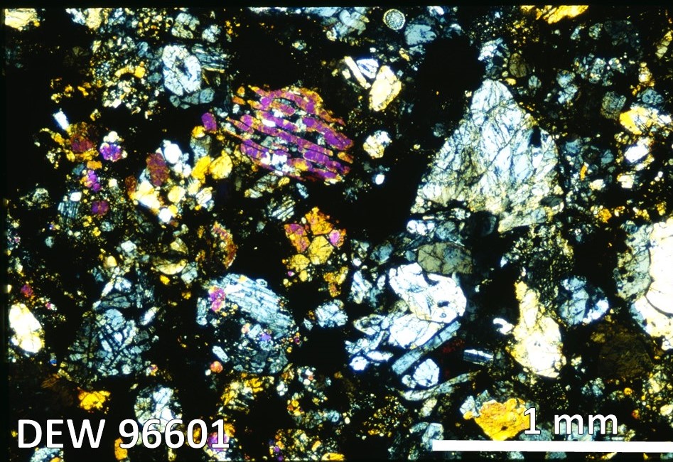 Thin Section Photo of Sample DEW 96601 in Cross-Polarized Light with 2.5X Magnification