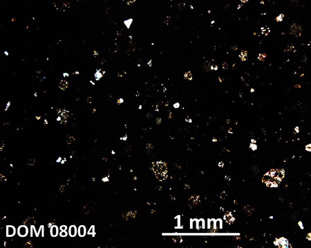 DOM 08004 Meteorite Thin Section Photo with 2.5x magnification in Cross-Polarized Light