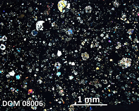 DOM 08006 Meteorite Thin Section Photo with 2.5x magnification in Cross-Polarized Light