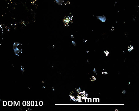 DOM 08010 Meteorite Thin Section Photo with 5x magnification in Cross-Polarized Light