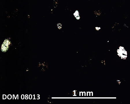 DOM 08013 Meteorite Thin Section Photo with 5x magnification in Cross-Polarized Light