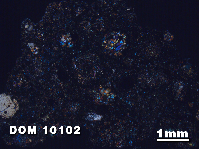 Thin Section Photo of Sample DOM 10102 at 1.25X Magnification in Cross-Polarized Light