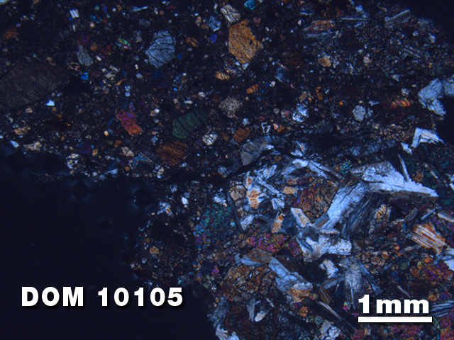 Thin Section Photo of Sample DOM 10105 at 1.25X Magnification in Cross-Polarized Light