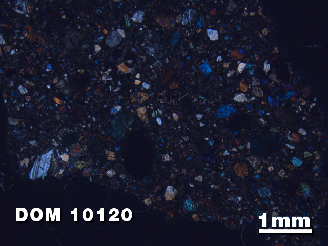Thin Section Photo of Sample DOM 10120 at 1.25X Magnification in Cross-Polarized Light