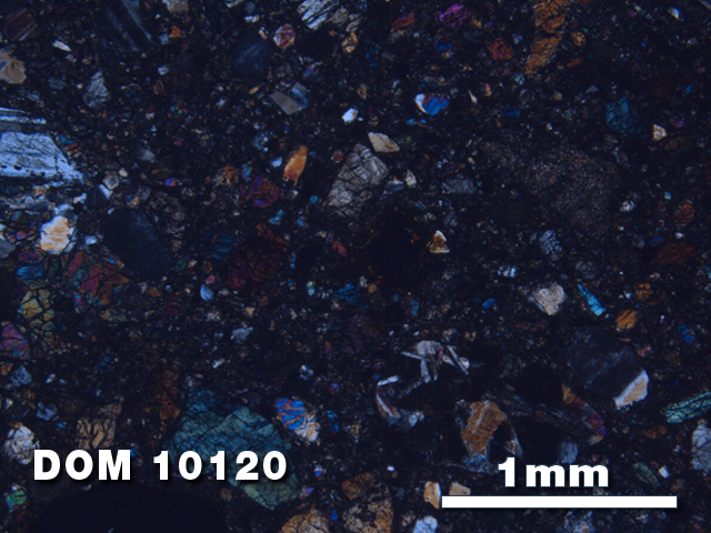 Thin Section Photo of Sample DOM 10120 at 2.5X Magnification in Cross-Polarized Light
