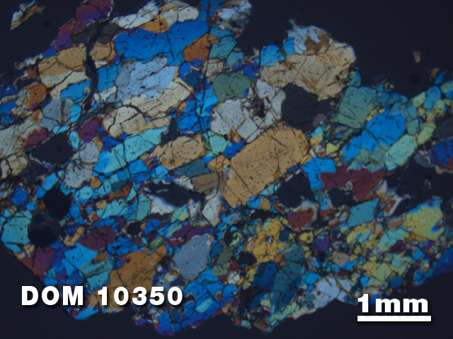 Thin Section Photo of Sample DOM 10350 at 1.25X Magnification in Cross-Polarized Light