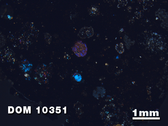 Thin Section Photo of Sample DOM 10351 at 1.25X Magnification in Cross-Polarized Light