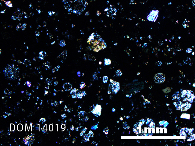 Thin Section Photo of Sample DOM 14019 in Cross-Polarized Light with 2.5X Magnification
