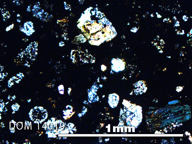 Thin Section Photo of Sample DOM 14019 in Cross-Polarized Light with 5X Magnification