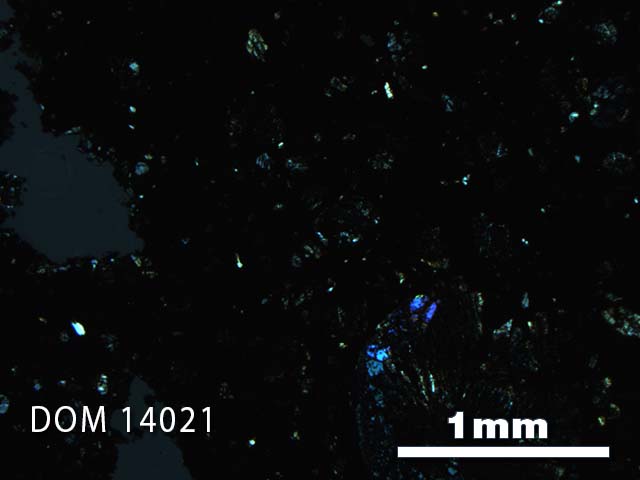 Thin Section Photo of Sample DOM 14021 in Cross-Polarized Light with 2.5X Magnification