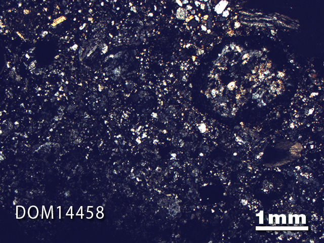Thin Section Photo of Sample DOM 14458 in Cross-Polarized Light with 1.25X Magnification