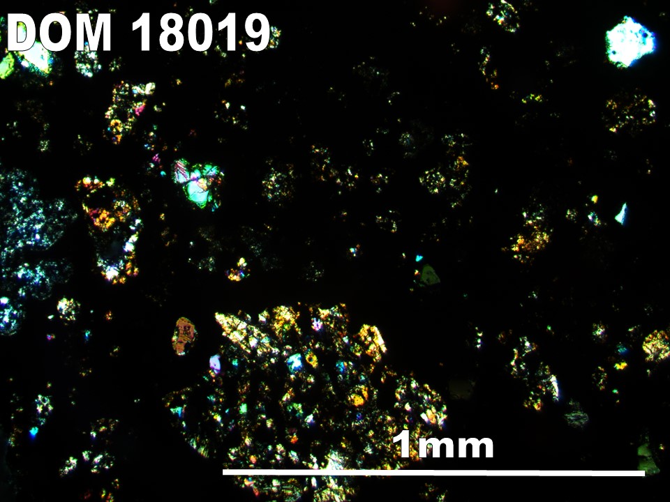 Thin Section Photo of Sample DOM 18019 in Cross-Polarized Light with 5X Magnification
