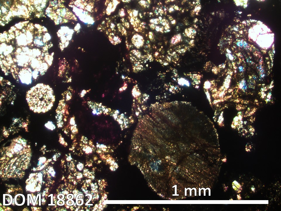 Thin Section Photo of Sample DOM 18862 in Cross-Polarized Light with 2.5X Magnification