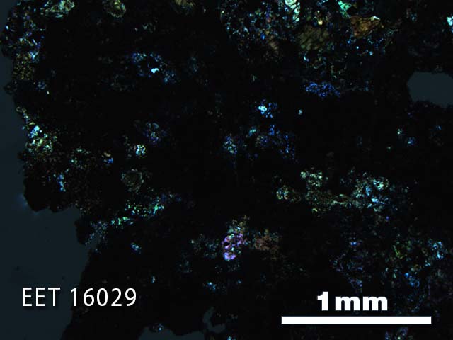 Thin Section Photo of Sample EET 16029 in Cross-Polarized Light with 2.5X Magnification