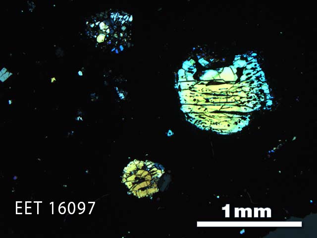 Thin Section Photo of Sample EET 16097 in Cross-Polarized Light with 2.5X Magnification